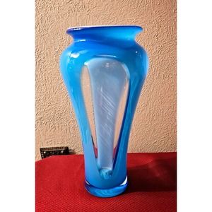 Italian Hand Blown Cased Blue and Clear Art Glass Vase
